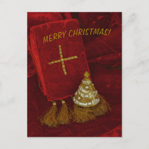 Christmas tree gold cross Merry Christmas text Postcard