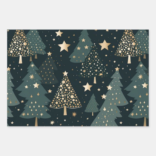 Christmas Tree Gold Green Pattern Decor Wrapping Paper Sheet (Front)