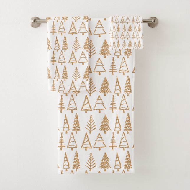 Christmas Tree Gold Holiday Pattern Chic Bath Towel Set (Insitu)