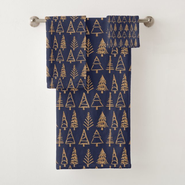 Christmas Tree Gold Holiday Pattern Chic Navy Blue Bath Towel Set (Insitu)