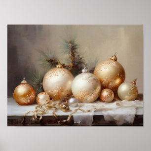 Christmas Tree Gold Ornaments Painting, Muted Neut Poster