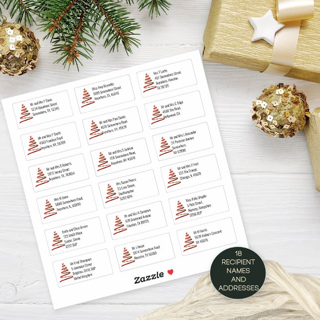 Christmas Tree Gold Red 18 Recipient Addresses (18 individual recipient names and addresses for your festive mailings)