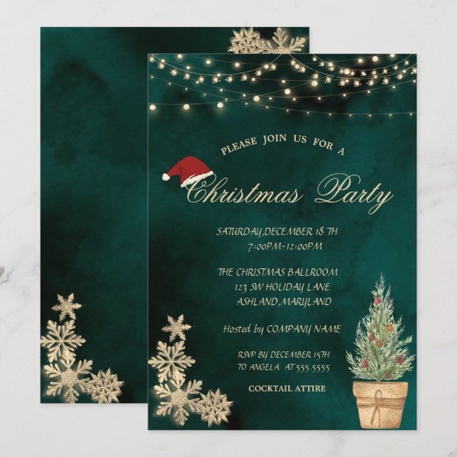 Christmas Tree,Gold Snowflakes Christmas Party Invitation (Front/Back)