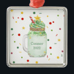 Christmas Tree Green Mason Jar Milkshake Year Metal Ornament<br><div class="desc">Illustration of a green Christmas tree themed extreme milkshake topped with sprinkles and a star.  Personalise with name and year.</div>