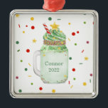 Christmas Tree Green Mason Jar Milkshake Year Metal Ornament<br><div class="desc">Illustration of a green Christmas tree themed extreme milkshake topped with sprinkles and a star.  Personalise with name and year.</div>