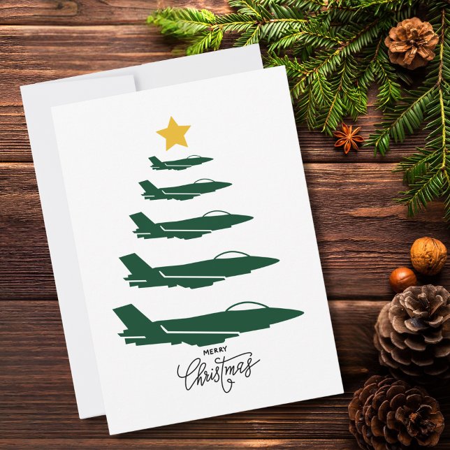 Christmas Tree Green Military Aeroplane Minimalist Holiday Card (Creator Uploaded)