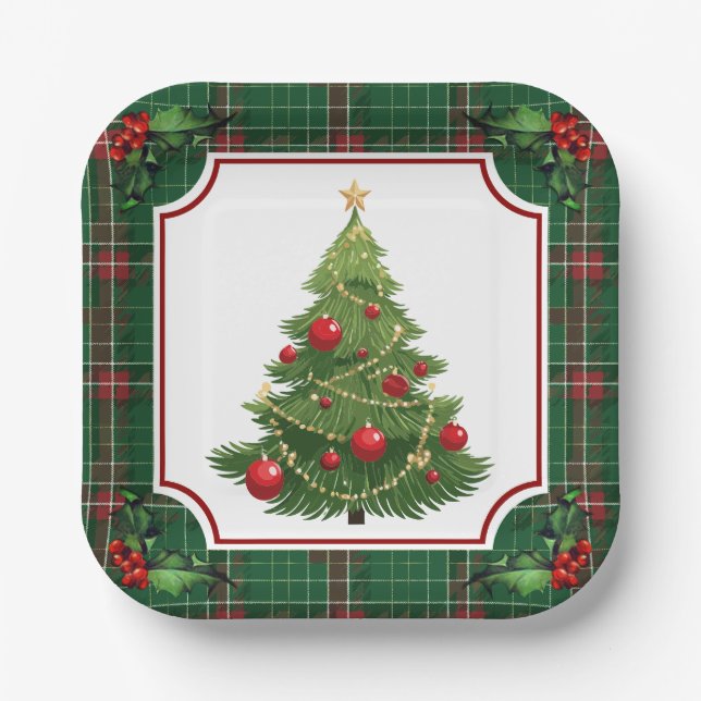 Christmas Tree Green Plaid with Holly Paper Plate (Front)