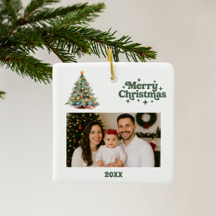 Christmas tree green white photo ceramic ornament