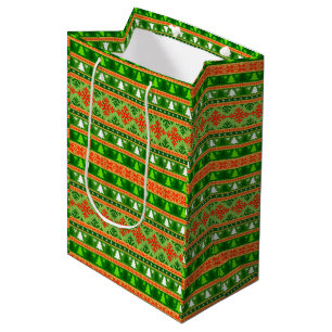 CHRISTMAS TREE GREEN WHITE RED ORNAMENTS MEDIUM GIFT BAG