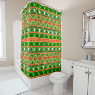 CHRISTMAS TREE GREEN WHITE RED ORNAMENTS SHOWER CURTAIN