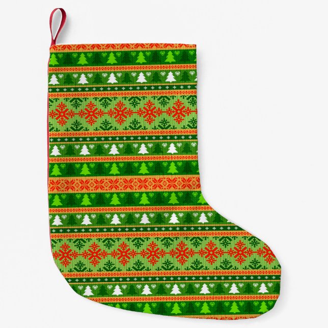 CHRISTMAS TREE GREEN WHITE RED ORNAMENTS  SMALL CHRISTMAS STOCKING (Front)