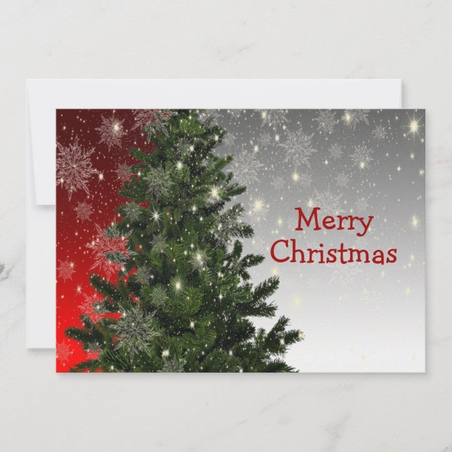 Christmas Tree Greeting Green Red White Snowflakes Holiday Card (Front)