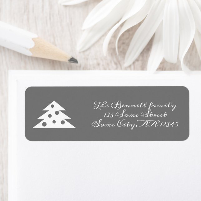 Christmas Tree Grey White Script Return Address Label (Insitu)