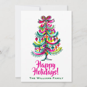 Christmas Tree Happy Holidays Cute Pink Boho Holiday Card