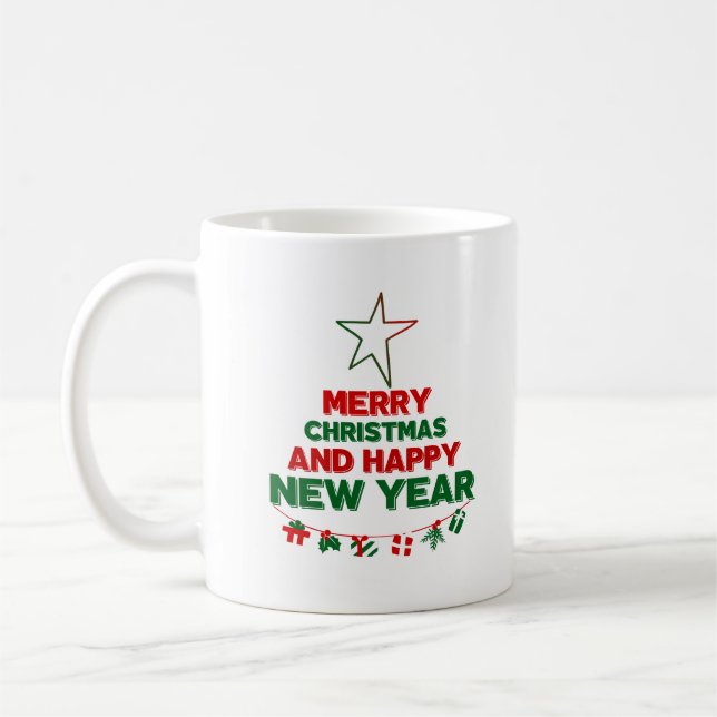 Christmas tree, Happy New Year, words, star, gift Coffee Mug (Left)