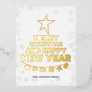 Christmas tree, Happy New Year, words, star, gift Foil Holiday Postcard