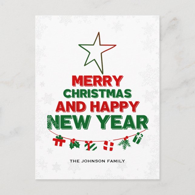 Christmas tree, Happy New Year, words, star, gift Holiday Postcard (Front)