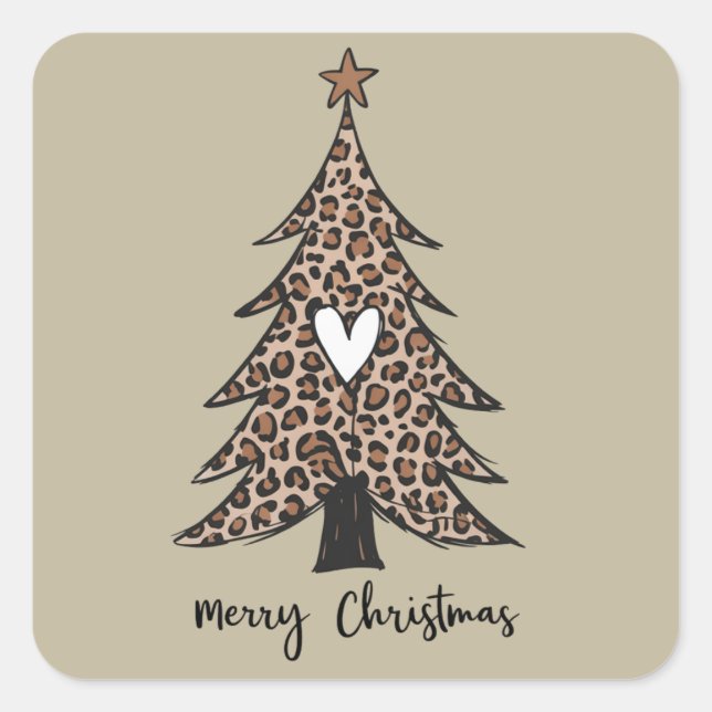 Christmas Tree Heart Leopard Gift Xmas Holiday Square Sticker (Front)