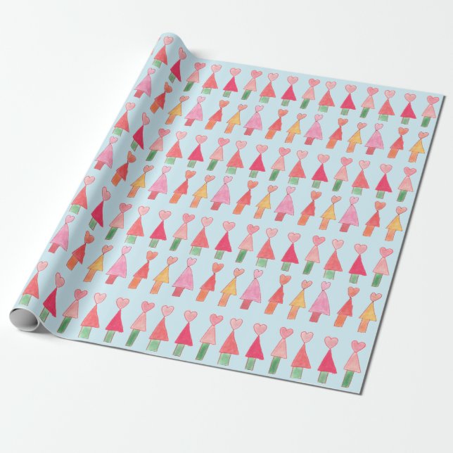 Christmas Tree Hearts Wrapping Paper (Unrolled)