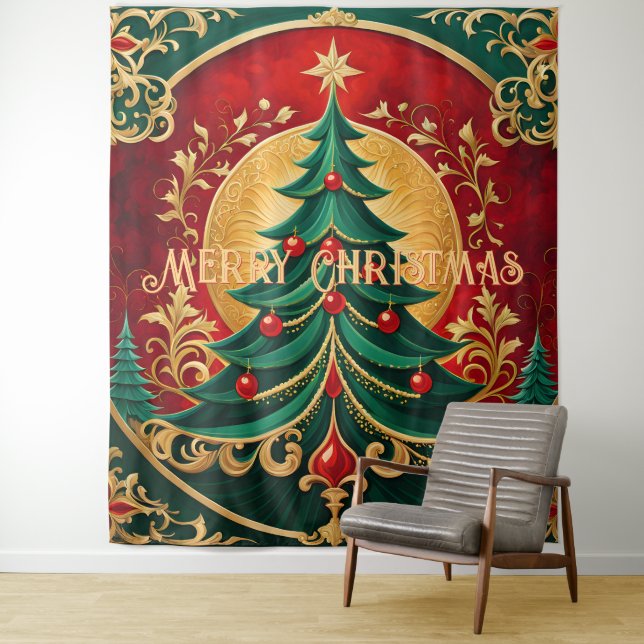 Christmas Tree Holiday Backdrop Tapestry (In Situ)