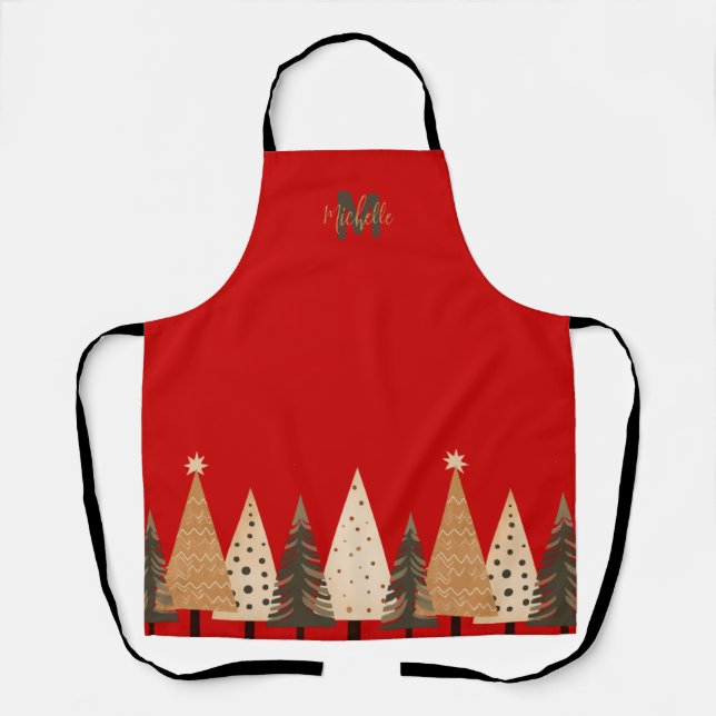Christmas Tree Holiday Baking Red Monogram Apron (Front)