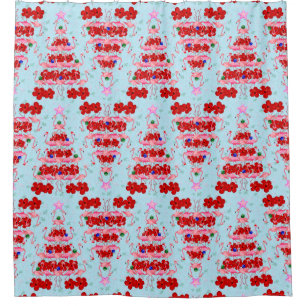 Christmas Tree Holiday Santa Flamingos on Cool Blu Shower Curtain