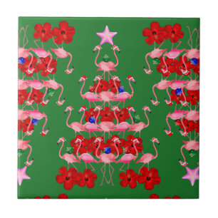 Christmas Tree Holiday Santa Flamingos on Green Ceramic Tile