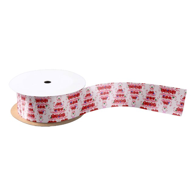 Christmas Tree Holiday Santa Flamingos on Pink Satin Ribbon (Spool)