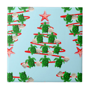 Christmas Tree Holiday Sea Turtles on Cool Blue Ceramic Tile