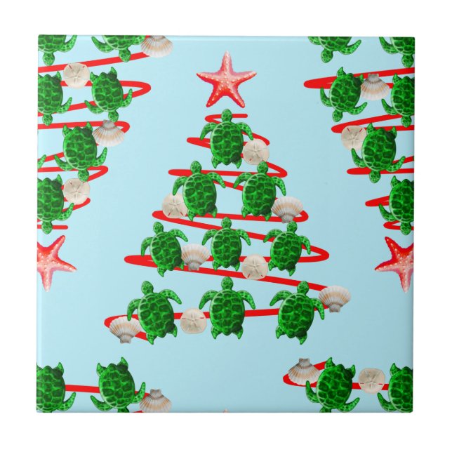 Christmas Tree Holiday Sea Turtles on Cool Blue Ceramic Tile (Front)