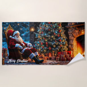Christmas tree holiday winter art cute Santa Beach Towel