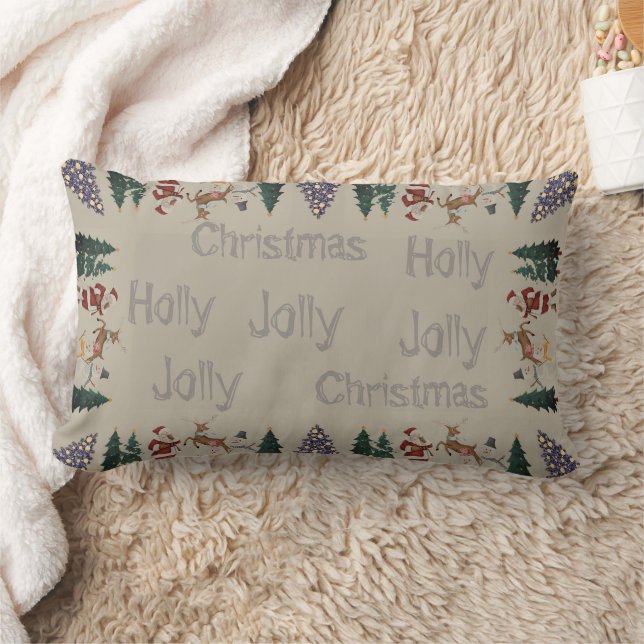 Christmas Tree Holly Jolly Beige Lumbar Cushion (Blanket)
