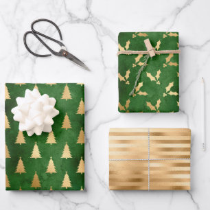 Christmas Tree Holly Patterns Green Gold Wrapping Paper Sheet