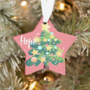 Christmas Tree Hope & Wish Pink Background Star Ornament