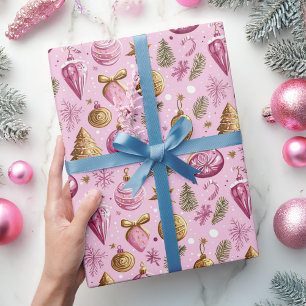 Christmas Tree Hot Pink Gold Holiday Wrapping Paper