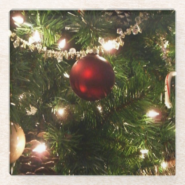 Christmas Tree I Holiday Pretty Green and Red Glass Coaster (Front)