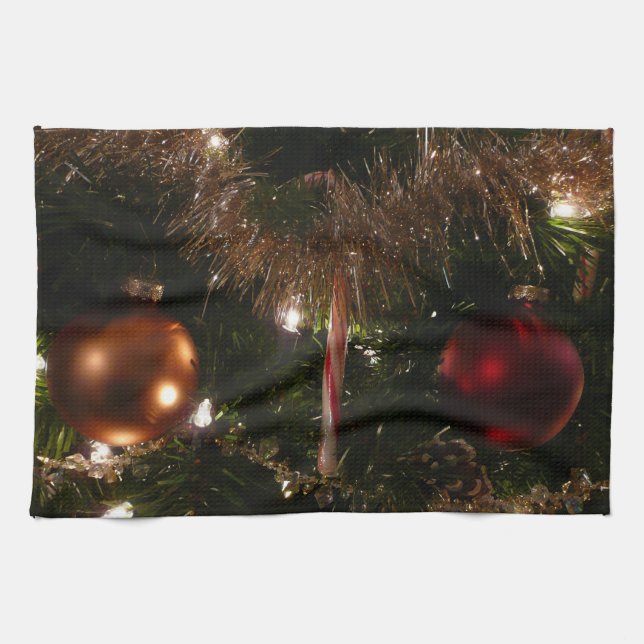 Christmas Tree II Holiday Red and Gold Tea Towel (Horizontal)