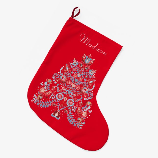 Christmas Tree Illustration Large Christmas Stocking (Front (Hanging))