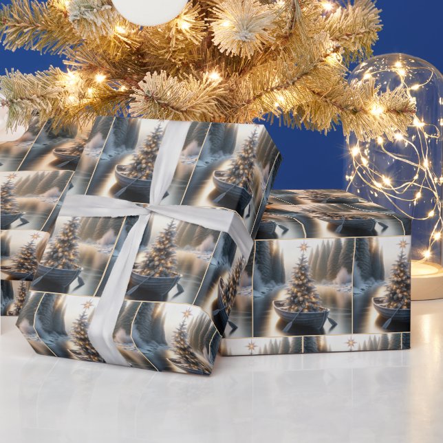 Christmas Tree in a Rustic Rowboat Wrapping Paper (Holidays)