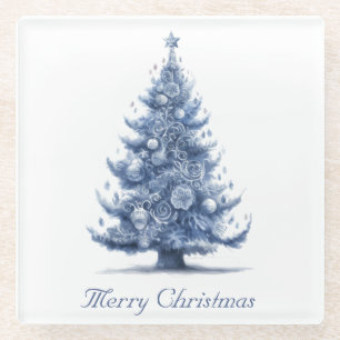 Christmas Tree in Delft Blue, customisable Glass Coaster