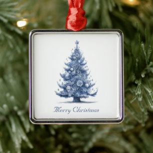 Christmas Tree in Delft Blue customisable Metal Ornament