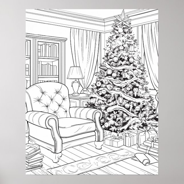 Christmas Tree in Living Room Colouring Poster (Front)