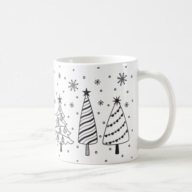 Christmas Tree in Snow Black and White Inky Doodle Coffee Mug (Right)