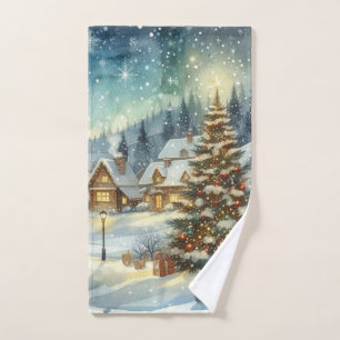 Christmas Tree in Winter Snow Hand Towel