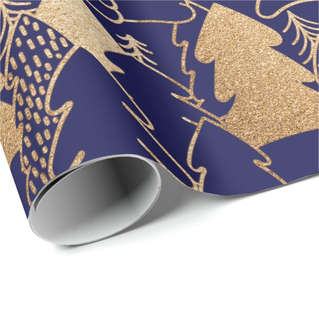 Christmas Tree Indigo Blue Gold Fancy Glitter Wood Wrapping Paper (Roll Corner)