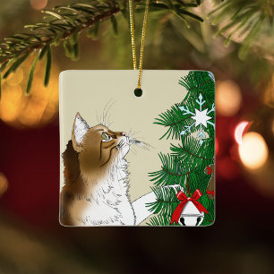 Christmas Tree Inspection Funny Calico Cat Holiday Ceramic Ornament