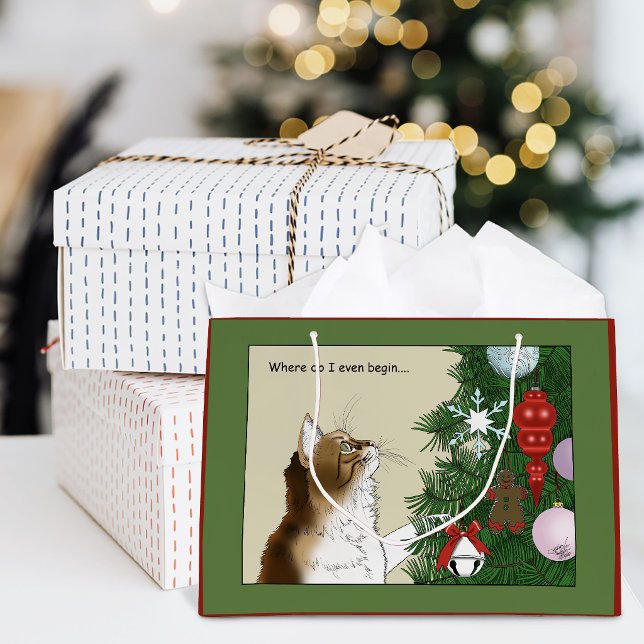 Christmas Tree Inspection Funny Calico Cat Holiday Large Gift Bag (Creator Uploaded)