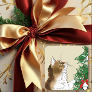 Christmas Tree Inspection Funny Calico Cat Holiday Square Sticker