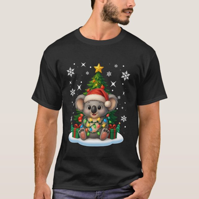 Christmas Tree Koala Lighting Santa Hat Xmas Famil T-Shirt (Front)
