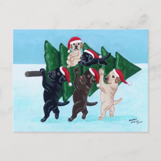 Christmas Tree Labradors in the snow field Holiday Postcard (Front)